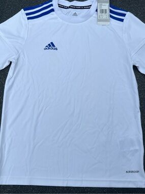 adidas Youth White AEROREADY Performance T-Shirt with Blue Stripes